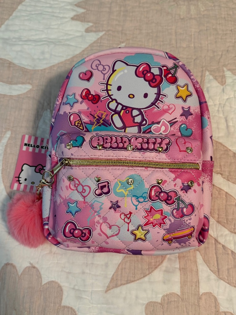 NWT-Rare HTF Sanrio Hello Kitty Pink Graffiti Quilted Mini Backpack w/ Pom Charm